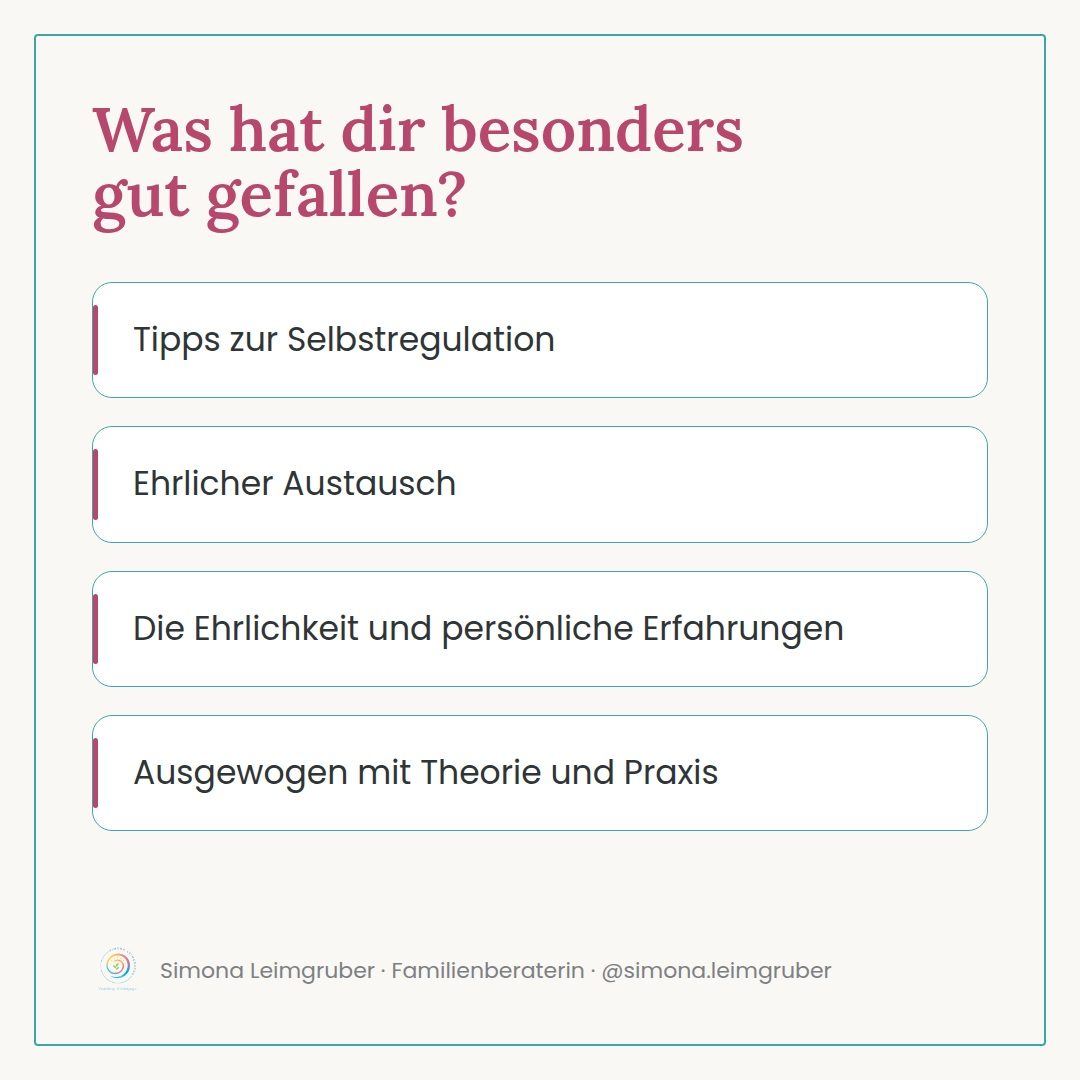 Was den Eltern besonders gefallen hat: Tipps zur Selbstregulation, ehrlicher Austausch, Ehrlichkeit und persönliche Erfahrungen, ausgewogen mit Theorie und Praxis